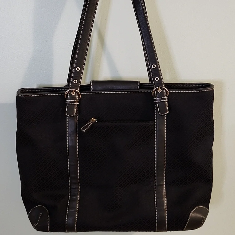 Talbots Laptop Travel Multi-Pocket Bag Black Leather Textile